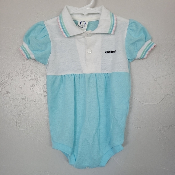 Gerber Vintage Baby Girl 12 Months Bodysuit Blue Short Sleeve Collared Onesie - Picture 1 of 6
